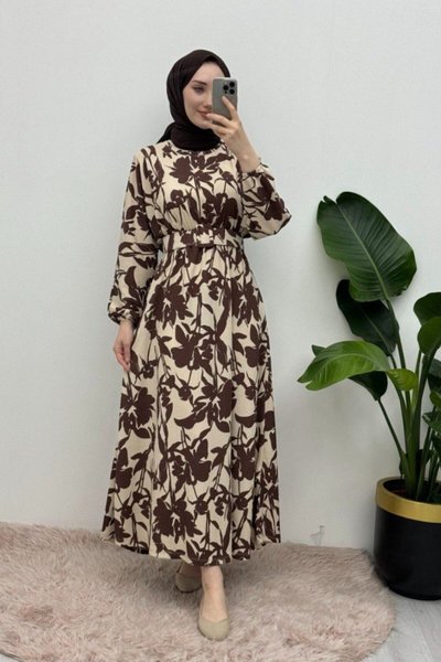 Kahve Yarasa Kol Beli Lastikli Kemerli Tesettür Elbise