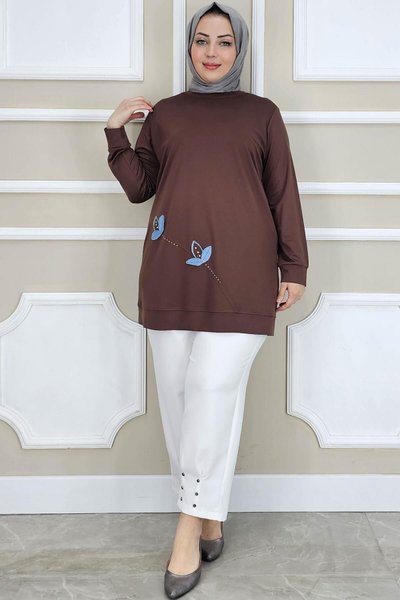 Kahverengi Çiçek Dikme Detaylı Tunik