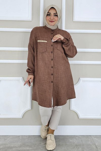 Kahverengi Çift Cepli Şerit Detaylı Gömlek