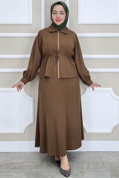 Brown Zippered Lace-Up Two-Piece Set
