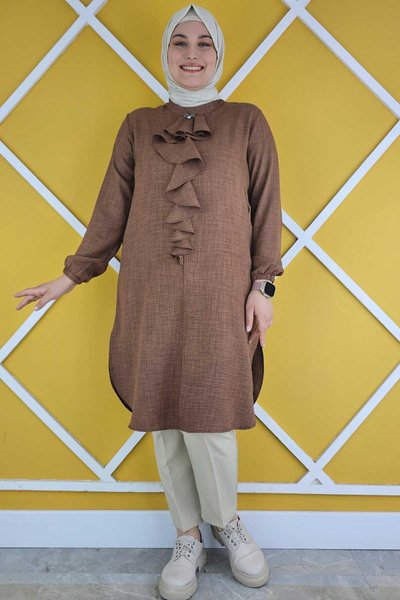 Kahverengi Robası Fırfır Detay Ve Önü Düğmeli Tunik