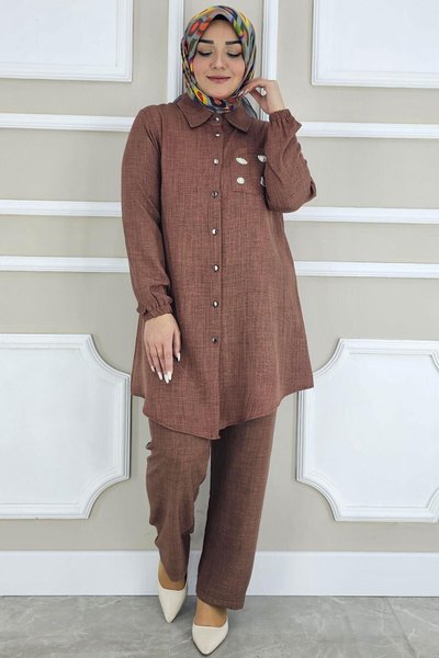 Kahverengi Taş Detaylı Cepli İkili Takım