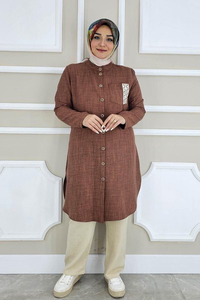 Kahverengi Yaka Cep Şerit Detaylı Gömlek