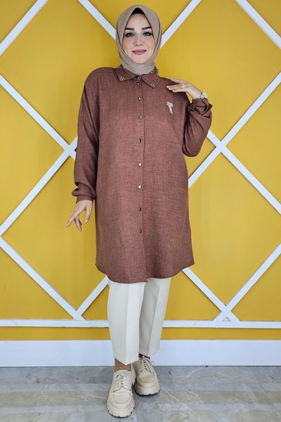 Kahverengi Yakası Taş Detatylı Gömlek