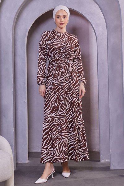 Brown New Design Patterned Crinkle Hijab Dress