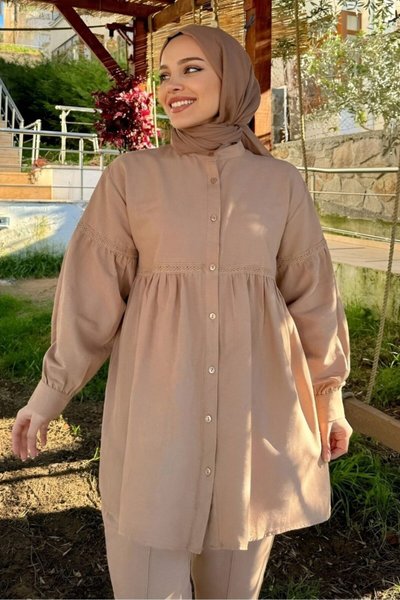 Karamel Robadan Büzgülü Dantel İşlemeli Keten İkili Takım