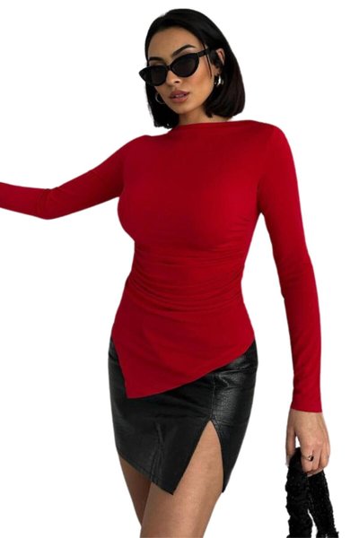 Kırmızı Asimetrik Drape Detaylı Uzun Kollu Sandy Kumaş Bluz