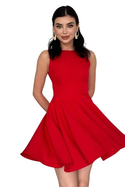 Red Mini Graduation & Ball Crew Neck Ruffled Skirt Dress
