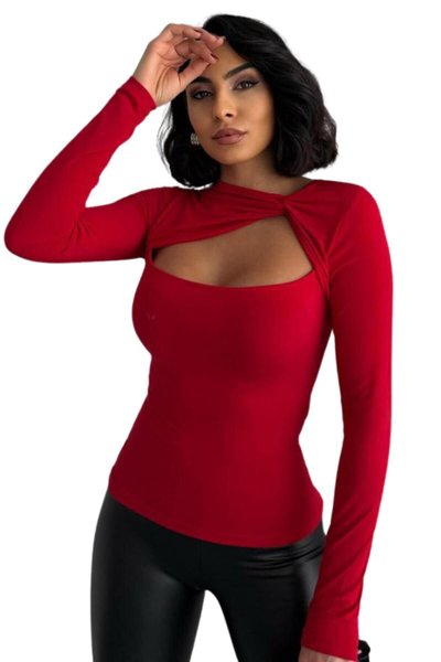 Kırmızı Sandy Kumaş Burgu Detay Uzun Kollu Bluz