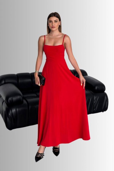 Red Long Spaghetti Strap Smocked Wide Bottom Stylish Dress