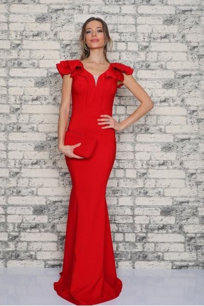 Red Long Shoulder Detail Mermaid Evening Dress