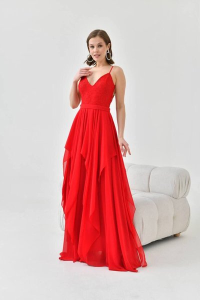 Red Long Spaghetti Strap Evening Dress with Lace Back Detail