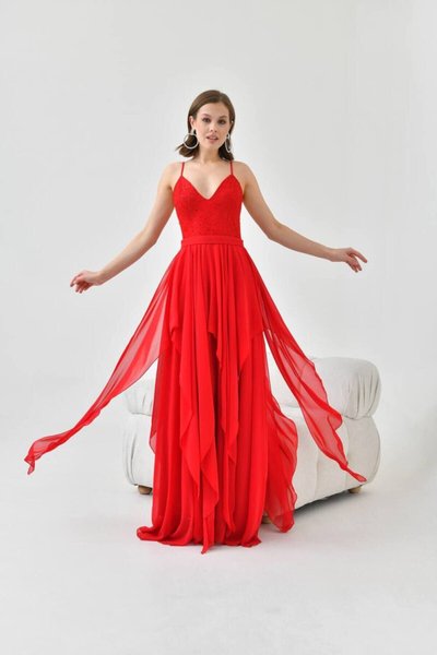 Red Long Design Handkerchief Model Back Lace Strap Evening Dress
