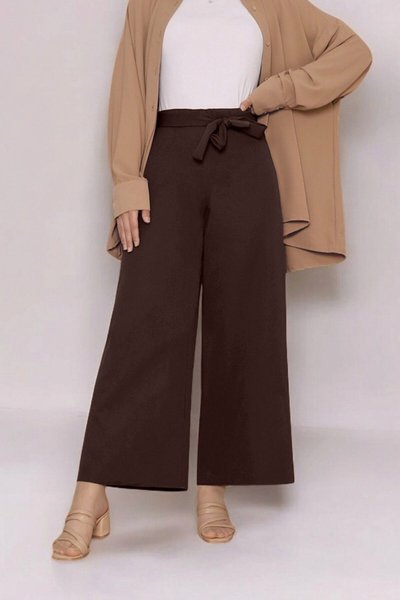 Koyu Kahve Beli Lastikli Bağlamalı Bol Paça Pantolon