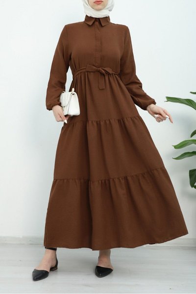 Koyu Kahve Yarım Düğmeli Kolu Lastikli Beli Bağlamalı Tesettür Elbise