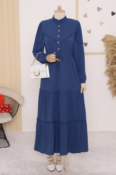Koyu Mavi Yarım Düğmeli Parçalı Bağcıklı Tesettür Elbise