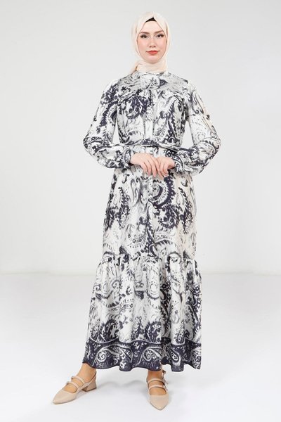 Navy Blue Printed Belted Dress