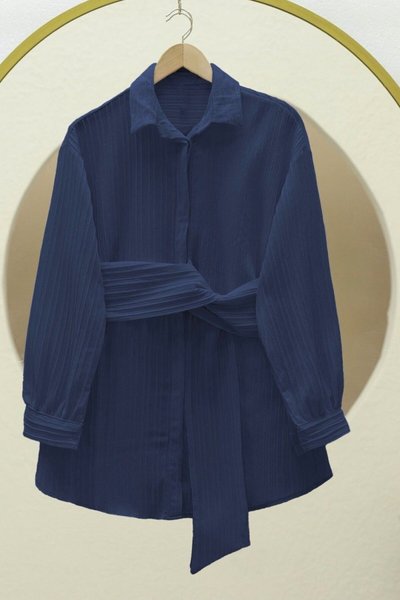 Navy Tie-Waist Ribbed Crinkle Shirt