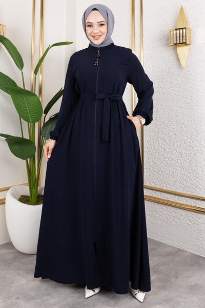 Lacivert Boydan Fermuarlı Kolu Lastikli Beli Kemerli Ferace