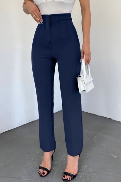 Lacivert Cep Detaylı Yüksek Bel Pantolon