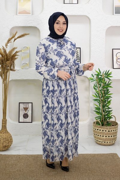 Navy Blue Floral Patterned Modest Dress