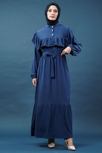 Navy Blue Ruffled Modest Dress
