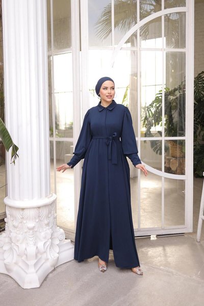 Lacivert Gizli Patlı Düğmeli Ferace