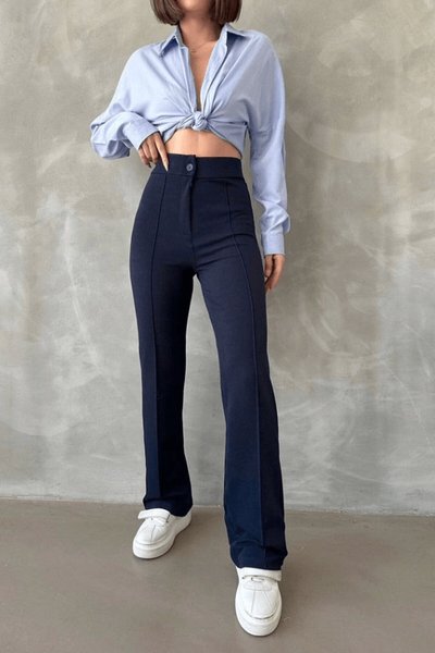 Lacivert Önü Cumalı İthal Krep Pantolon