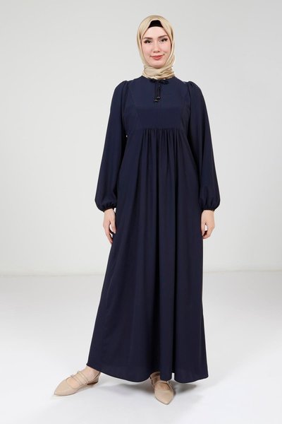 Navy Yoke Detail Modest Dress