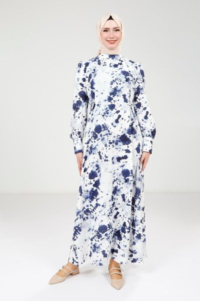 Navy Blue Belted Printed Dress