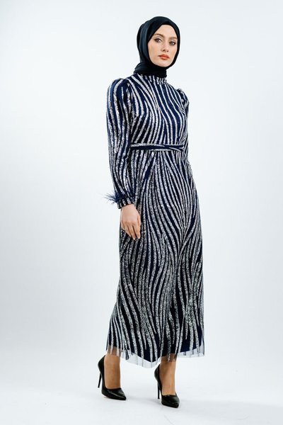 Lacivert Simli Tüy Detaylı Tesettür Abiye Elbise