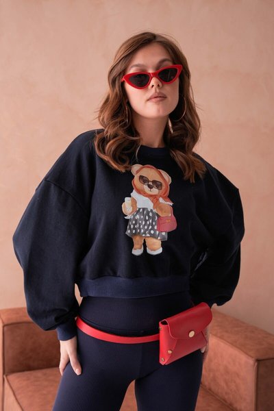 Navy Blue Teddy Bear Crop Sweatshirt Non-Brushed Thin Design Yarn Sweatshirt
