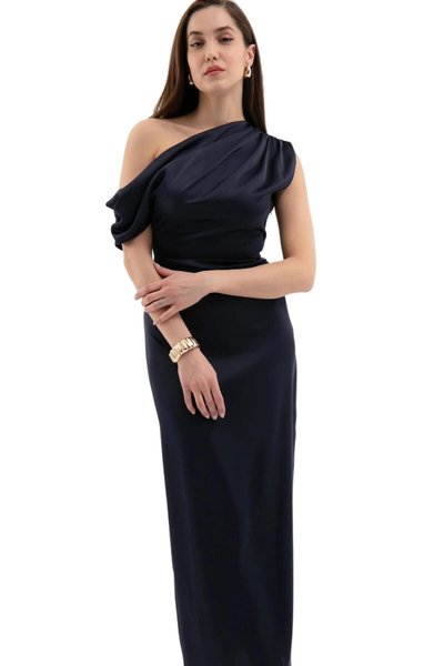 Navy Long One-Shoulder Satin Fabric Cowl Neck Slit Detail Evening Dress