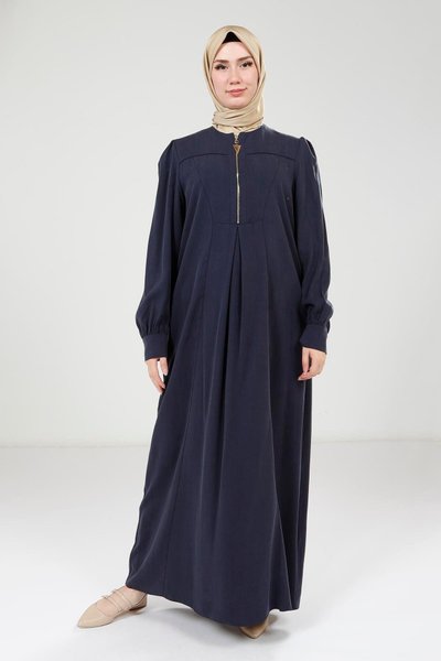 Navy Blue Zipper Collar Color Modest Dress