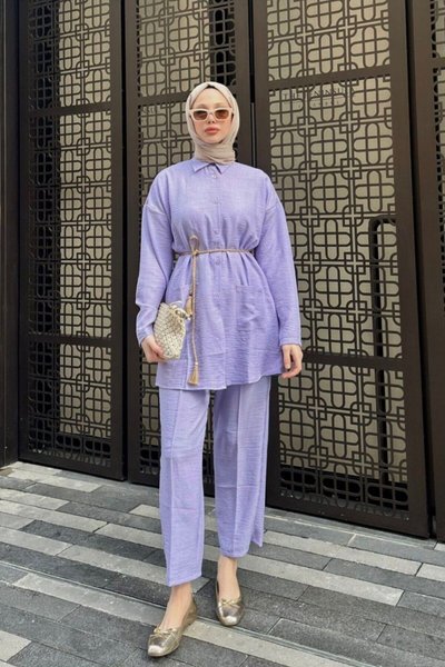 Lila Hasır Kemerli Cepli Keten İkili Takım