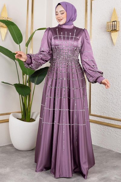 Lila Kafes Model Saten Tesettür Abiye Elbise