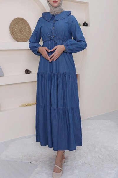 Mavi Bebe Yaka Yarım Düğmeli Kolu Lastikli Kot Tesettür Elbise