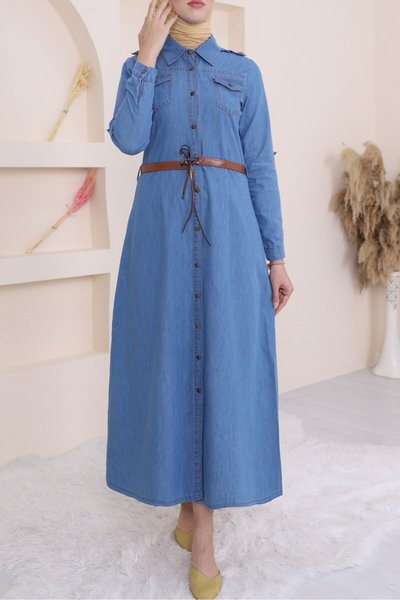 Mavi Boydan Düğmeli Kemerli Kot Tesettür Elbise