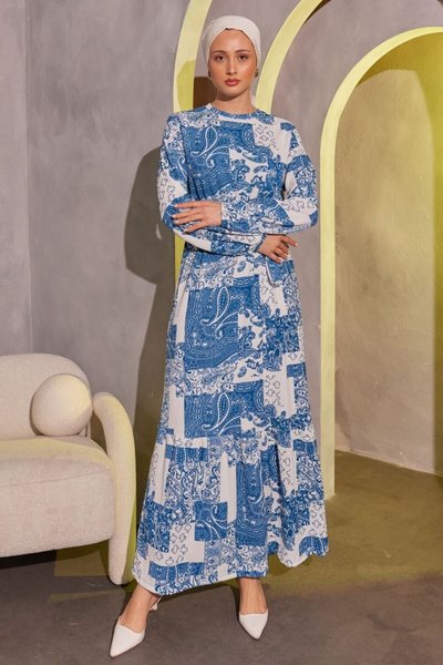 Blue Patterned Crinkle Modest Dress