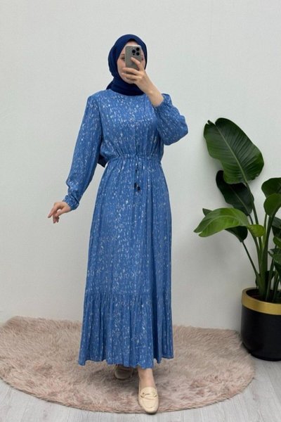 Mavi Kırçıllı Belden Büzgülü Elbise