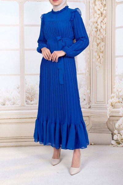 Mavi Önü Robalı Kolları Ve Bedeni Piliseli Tesettür Elbise