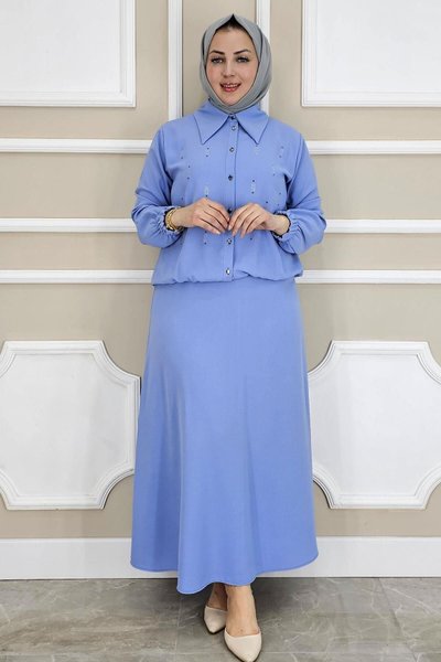 Blue Stone Detailed Shirt Skirt Set