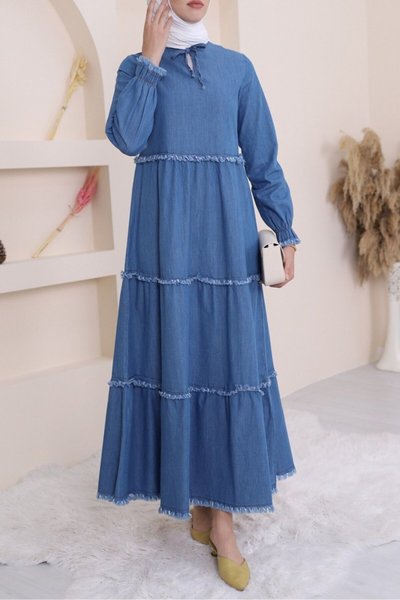 Mavi Üç Parça Yıkamalı Kot Tesettür Elbise