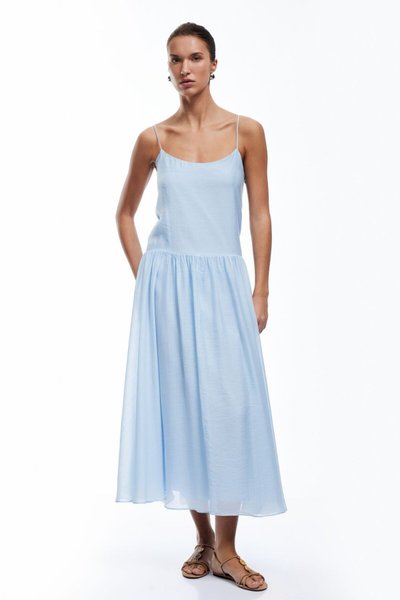 فستان كلوش بحمالات رفيعة مبطن قطني طويل أزرق