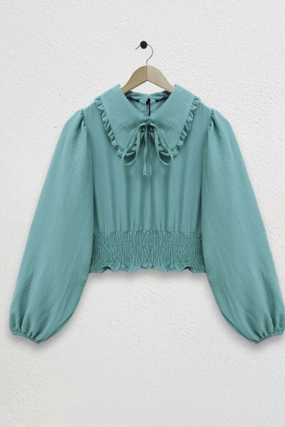 Mint Elastic Waist Baby Collar Long Sleeve Blouse