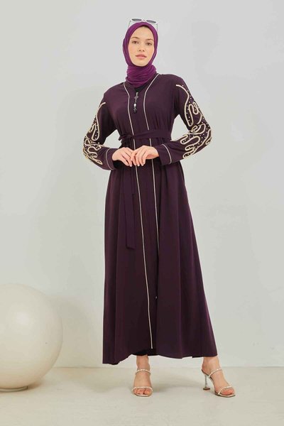 Purple Custom Design Pearl Detailed Abaya