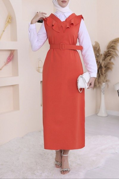 Nar Çiçeği Yakası V Kemerli Uzun Jile Elbise