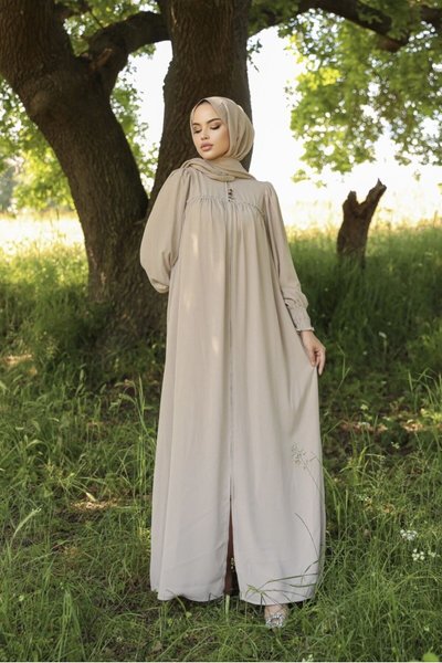 Beige Open Front Pleated Abaya