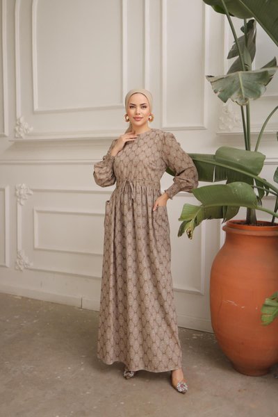 Bej Ankanoor Belted Ethnic Pattern Dress