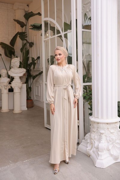 Bej Ankanoor Ekru Hakim Yaka Kuşaklı Ferace